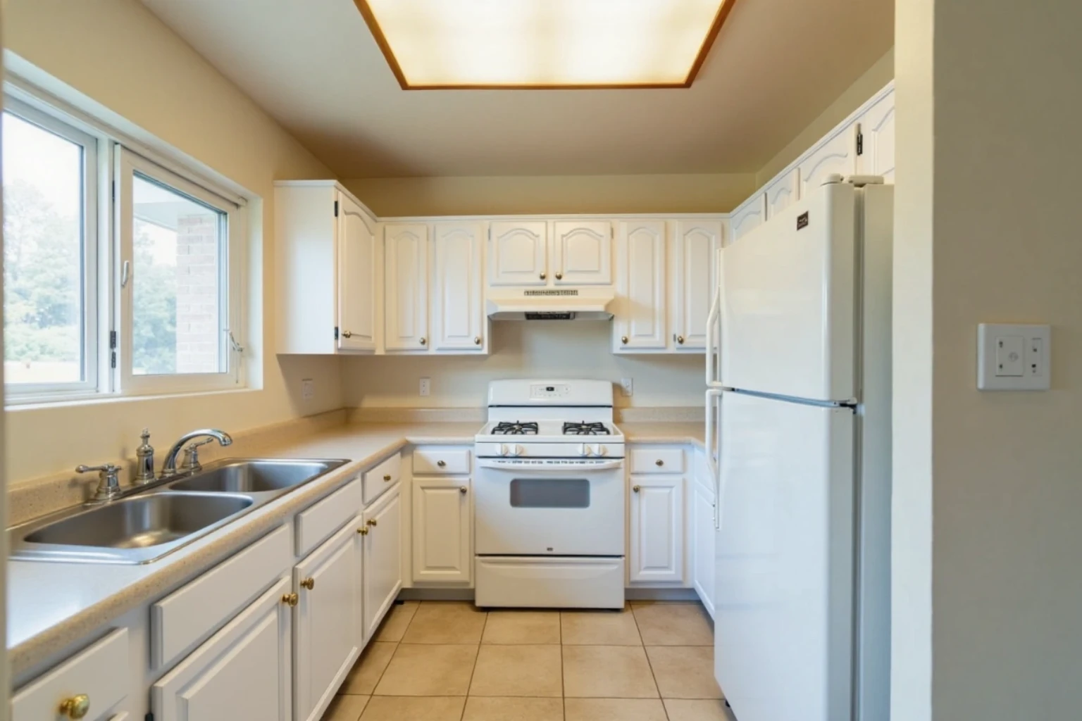The same L-shaped kitchen with white doors and drawer fronts on the original boxes, almond counters and white appliances unchanged.