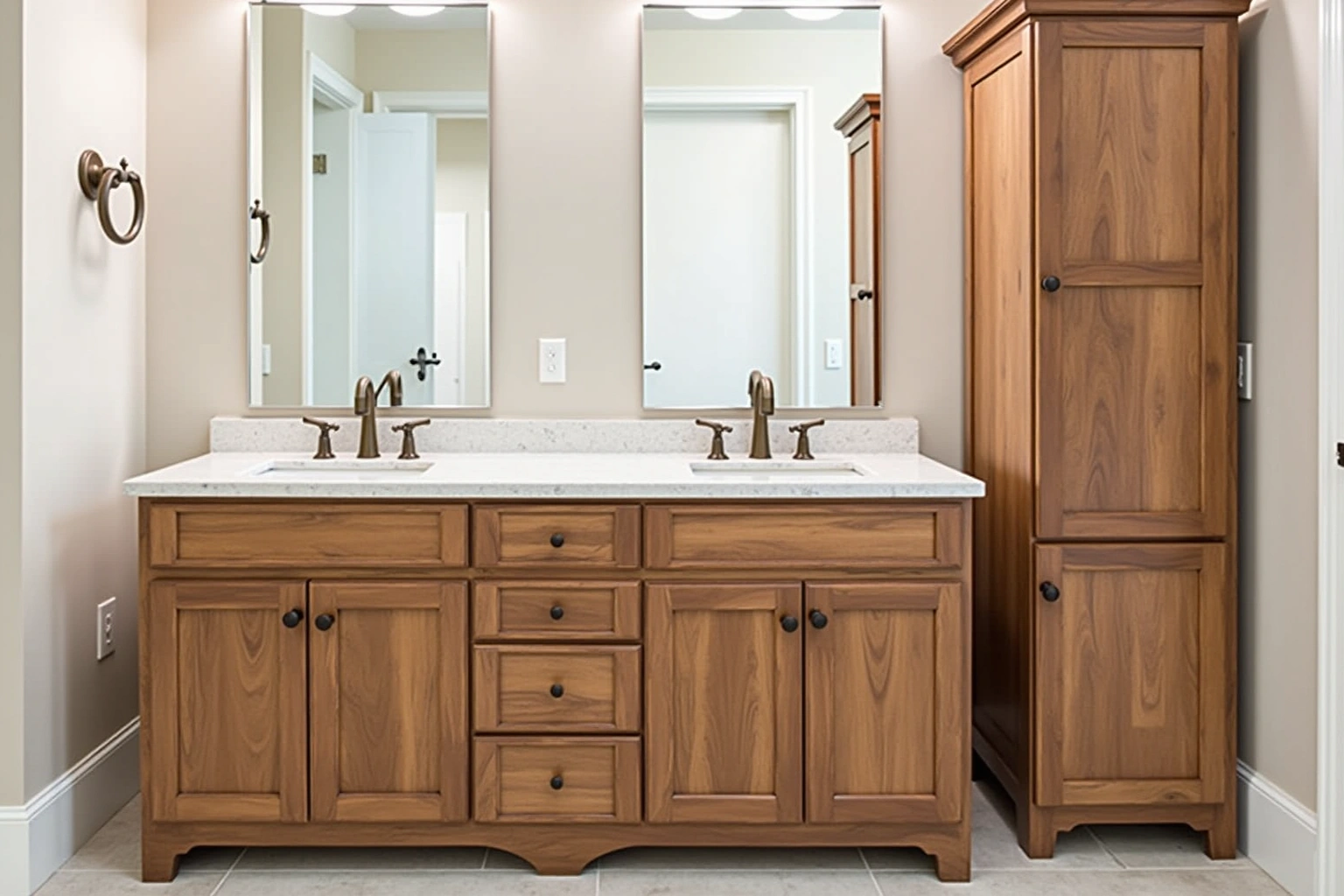 Double vanity in stained wood with a white quartz top, two sinks, bronze faucets and a tall linen cabinet.