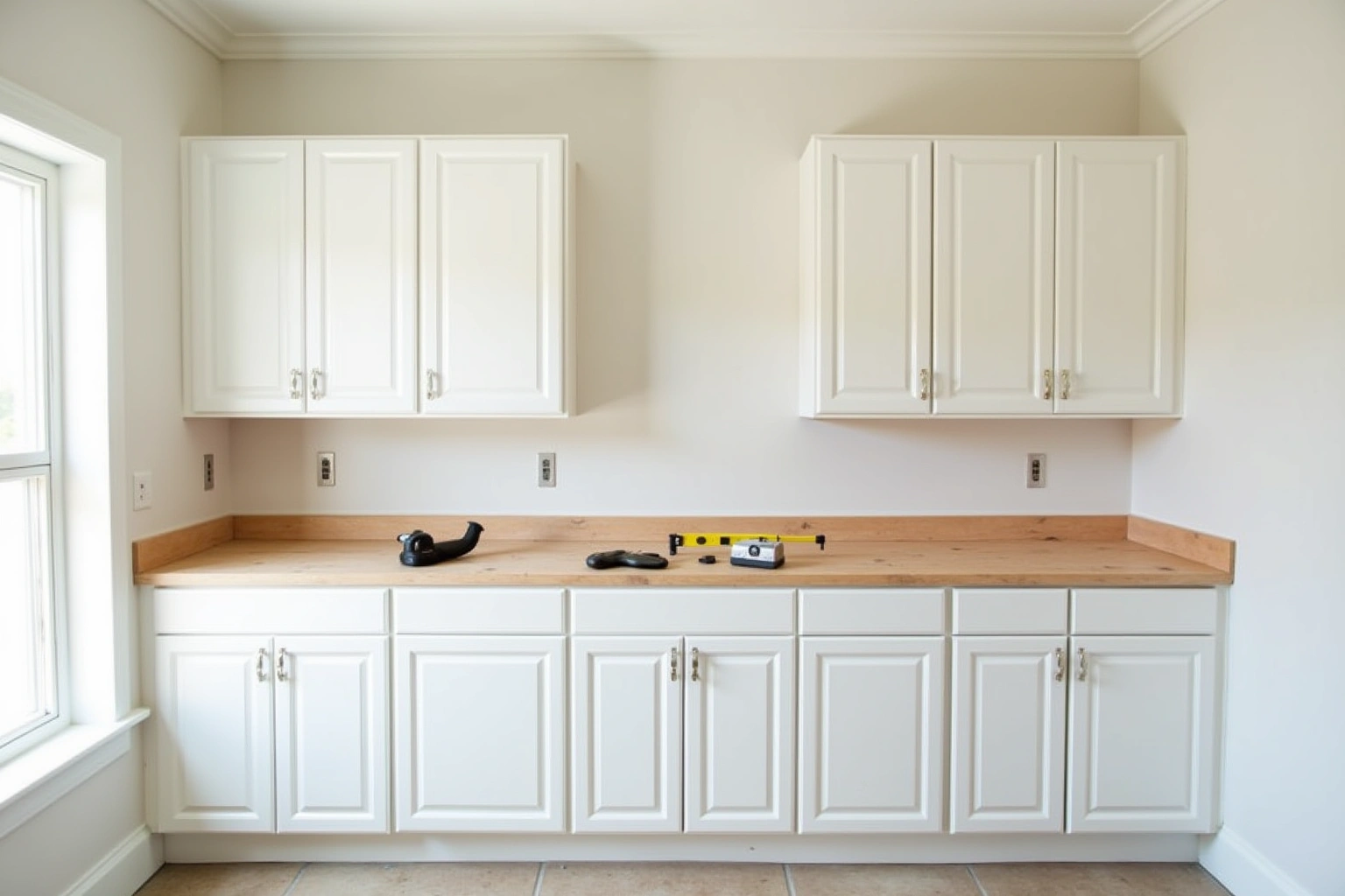 White raised-panel base and upper cabinets installed with a plywood subtop, a level and a drill resting on it.