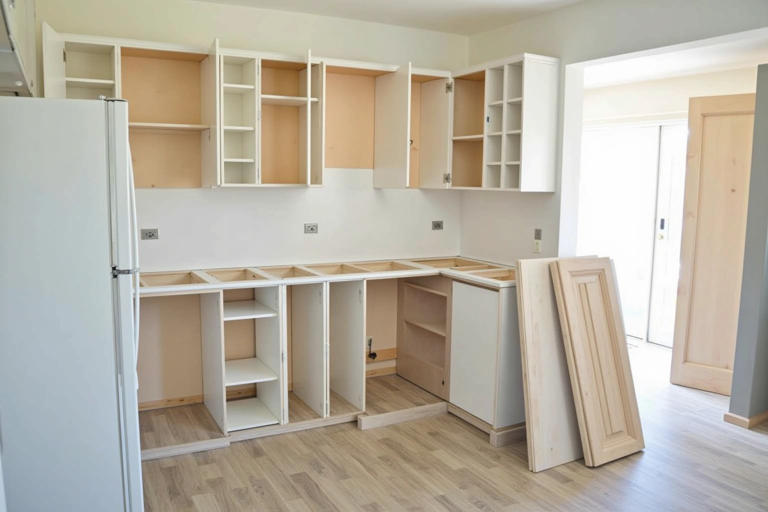 Kitchen mid-refacing with all doors removed from the upper and base boxes and new doors leaning against the wall.