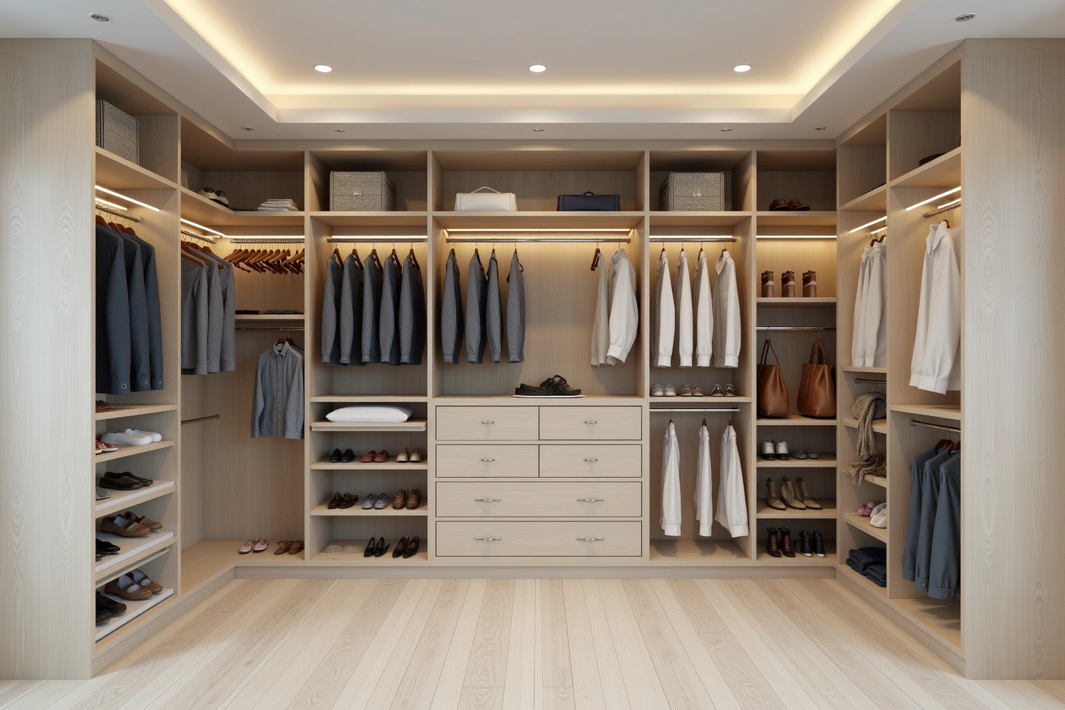 Fitted walk-in closet in light oak with hanging sections, a central bank of drawers, shoe shelves and lit rods.