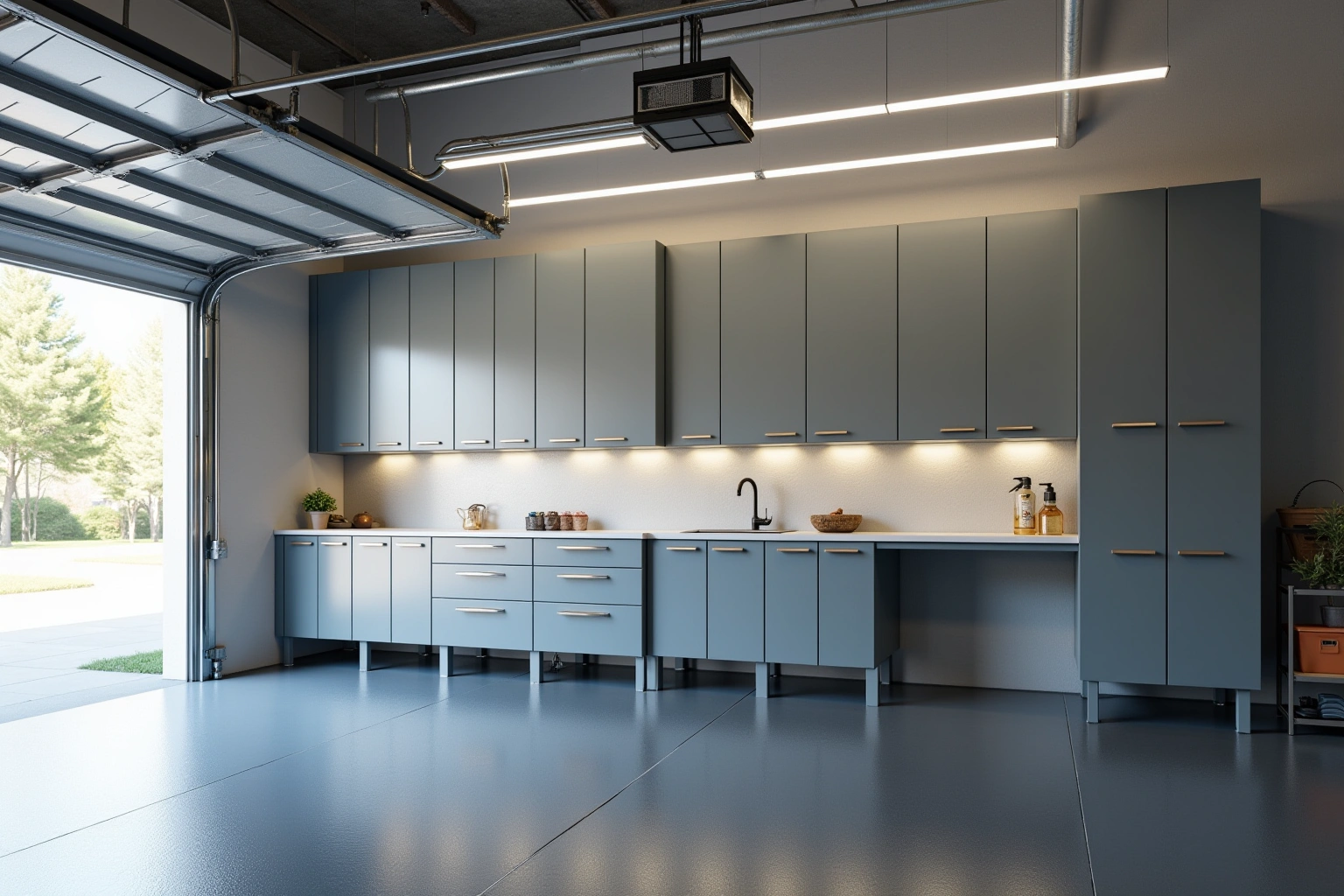 Garage with a wall of grey-blue flat-panel cabinets on legs, a workbench counter with a black sink and an epoxy floor.