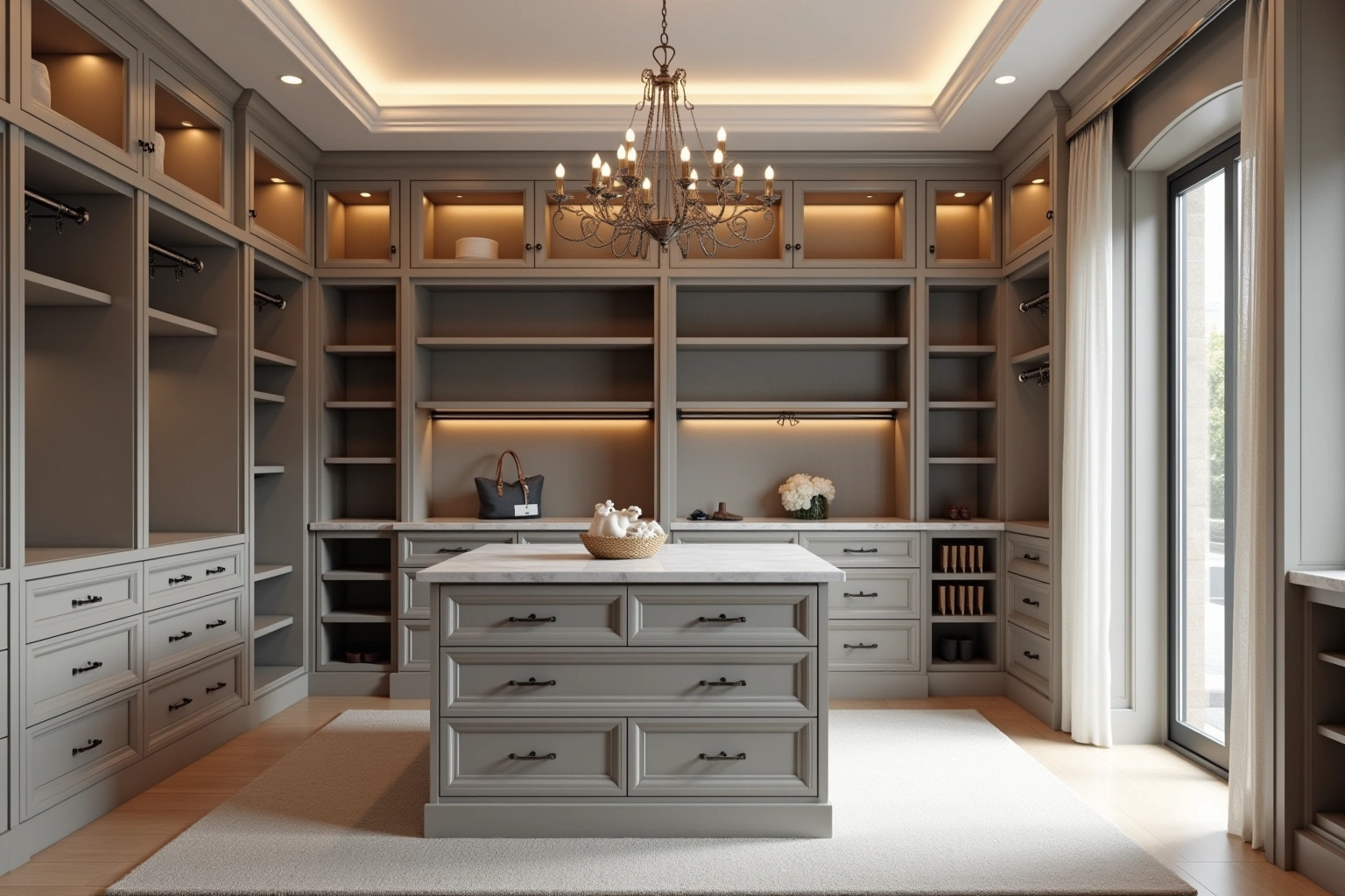 Walk-in closet with grey fitted cabinetry, lit glass-front uppers, a marble-topped island of drawers and a chandelier.