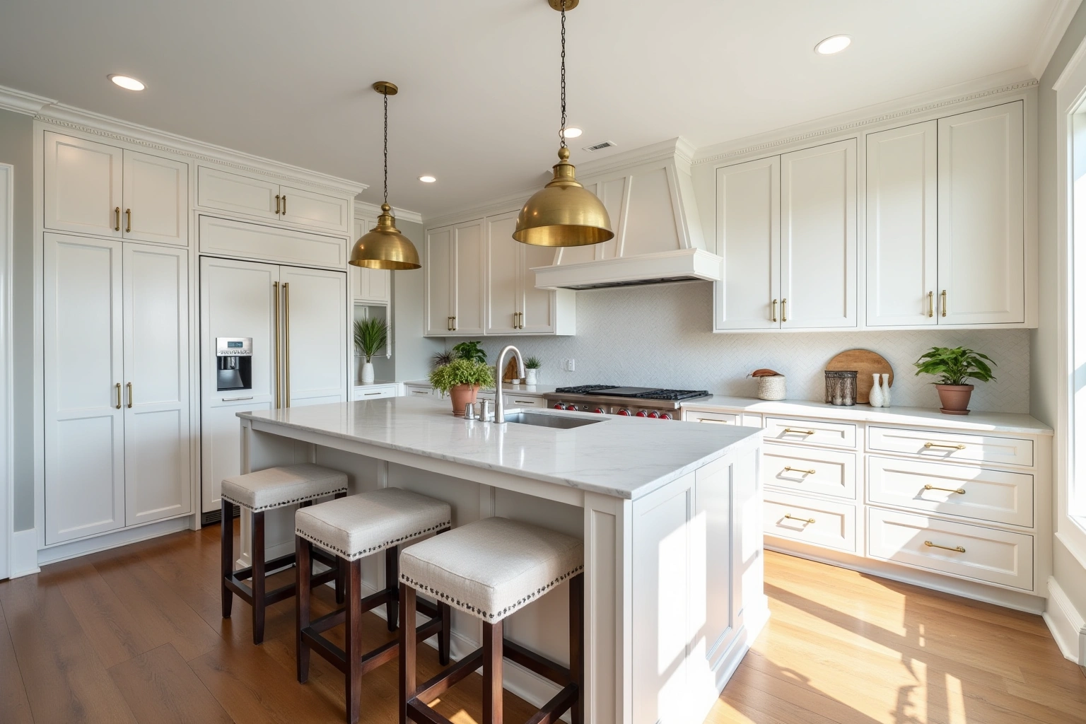 White shaker kitchen with brass pulls, a marble-topped island with three linen stools and two brass pendants.