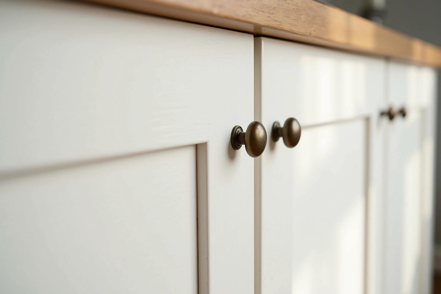 Close view of white inset cabinet doors with small antique brass knobs under a wood countertop edge.