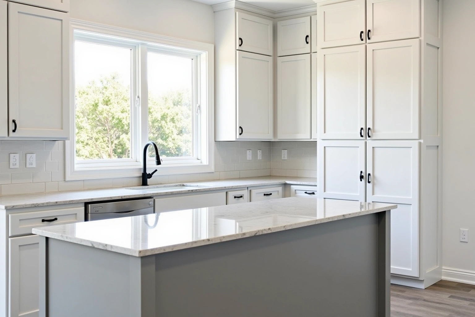 White shaker cabinets with black pulls, a grey quartz-topped island, subway tile and a window above the sink.