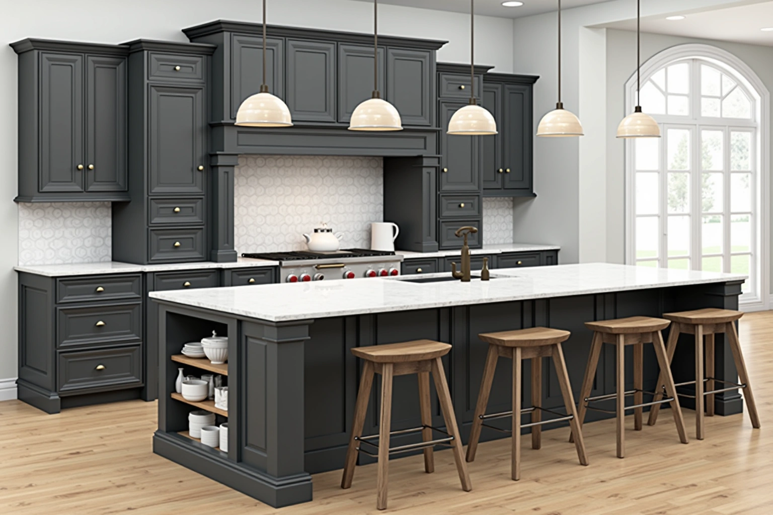 Long charcoal island with an end open shelf, white quartz top, five wooden stools and four cream dome pendants.