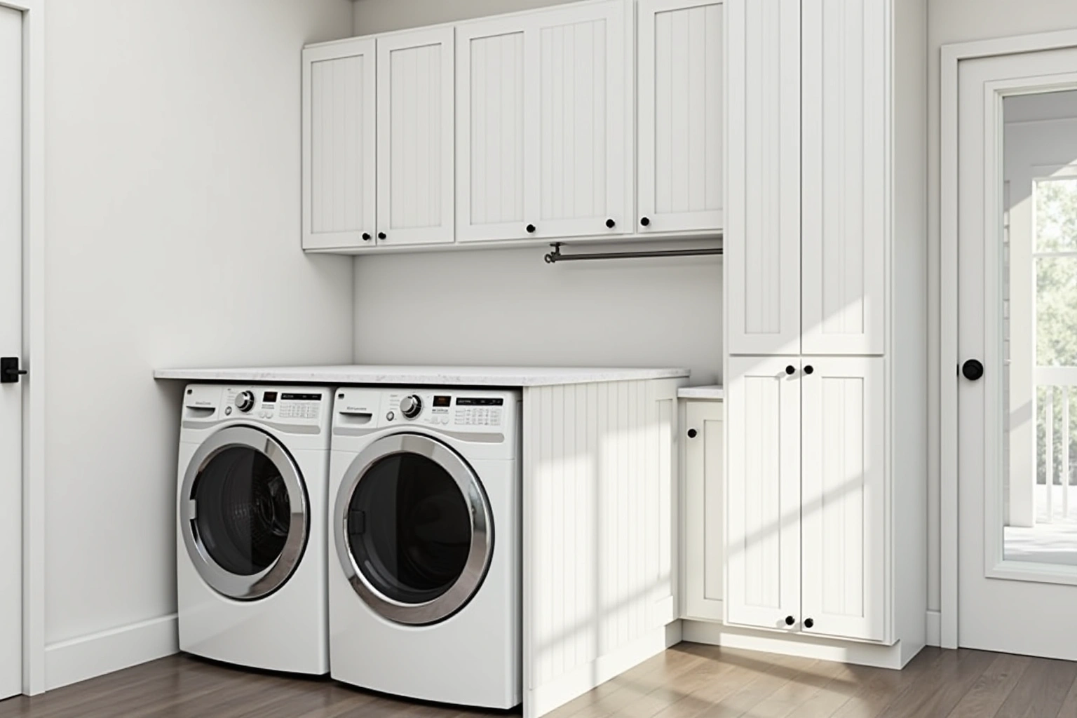 Front-loading washer and dryer under a white quartz folding counter with white upper cabinets and a tall cabinet.