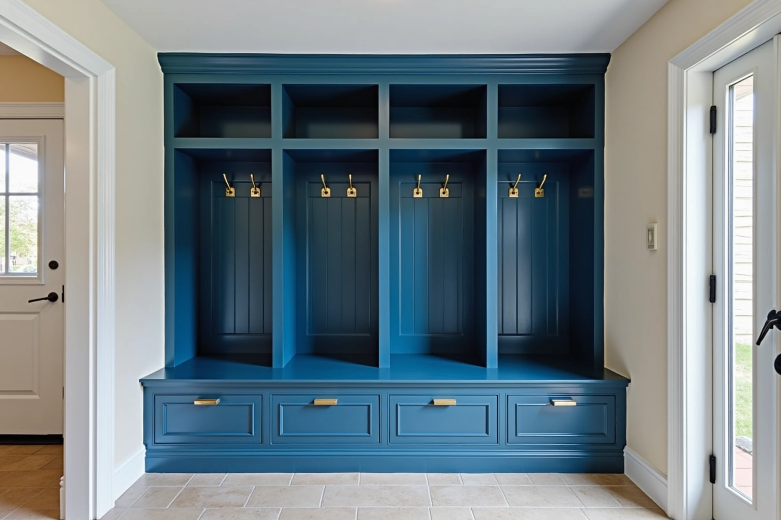 Four deep blue mudroom lockers with brass hooks, a shared bench with drawers and cubbies above on a tile floor.
