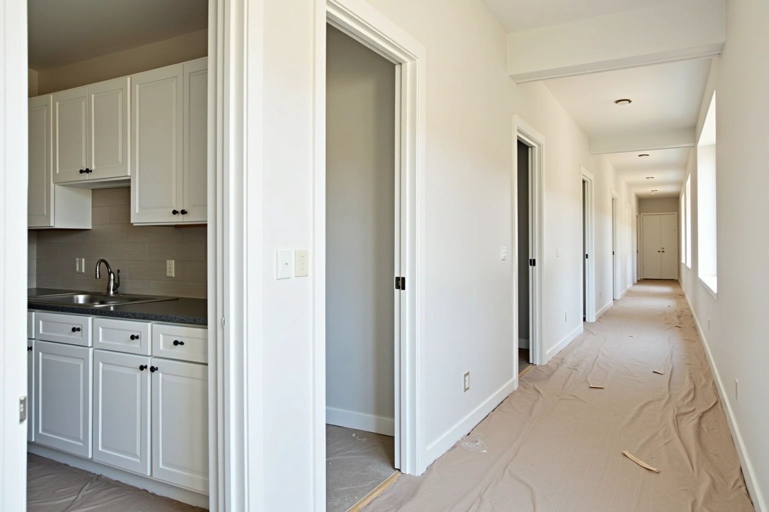 Corridor of a newly built apartment building with floors papered and an open door showing a white shaker kitchen.