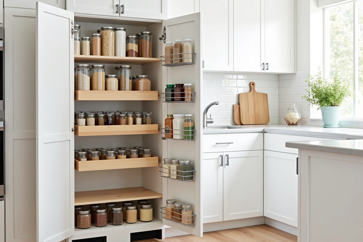 Tall white pantry cabinet with doors open showing wood roll-out trays of jars and wire racks on the door.