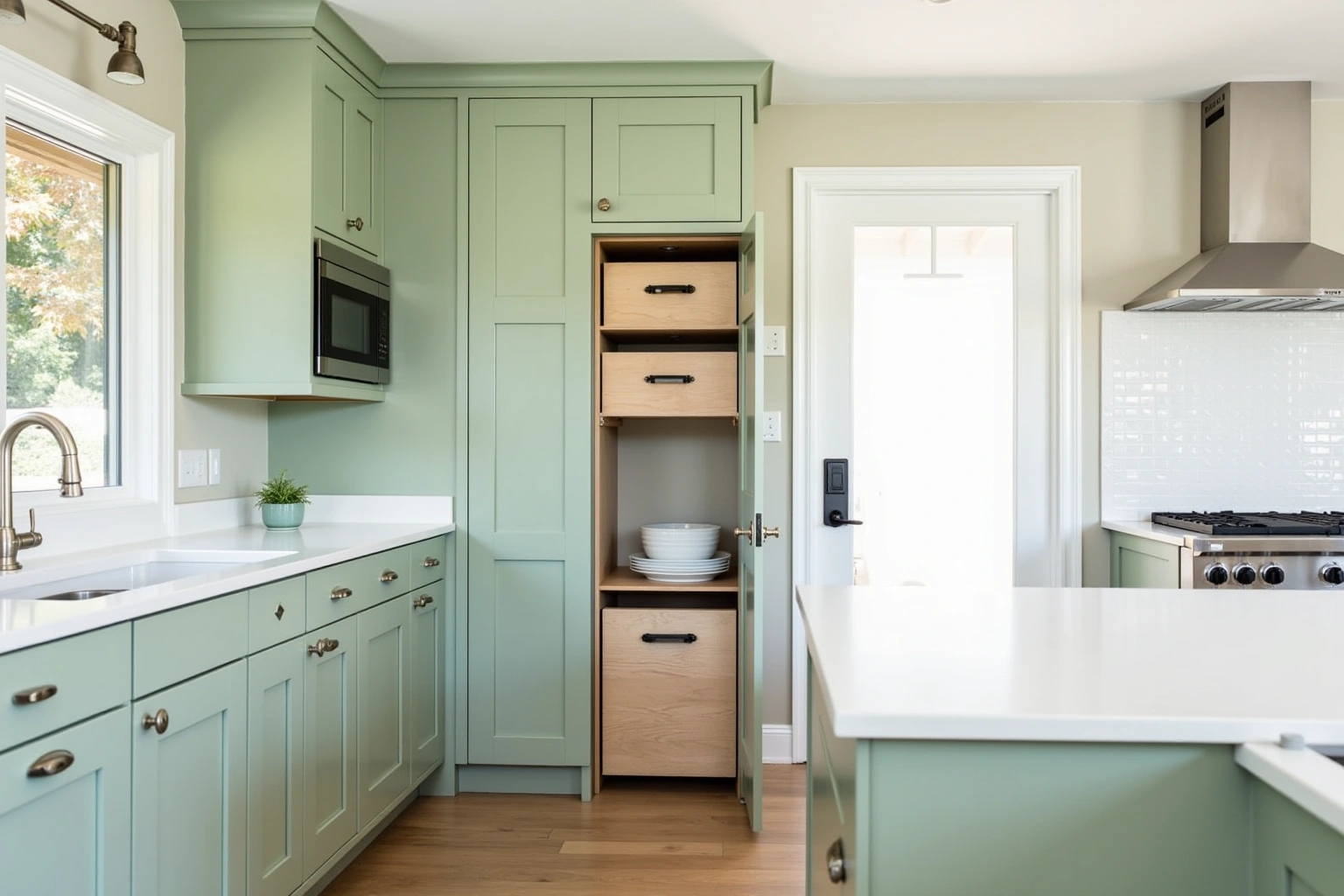 Sage green shaker kitchen with a tall pantry cabinet open to show wood roll-out drawers and white counters.