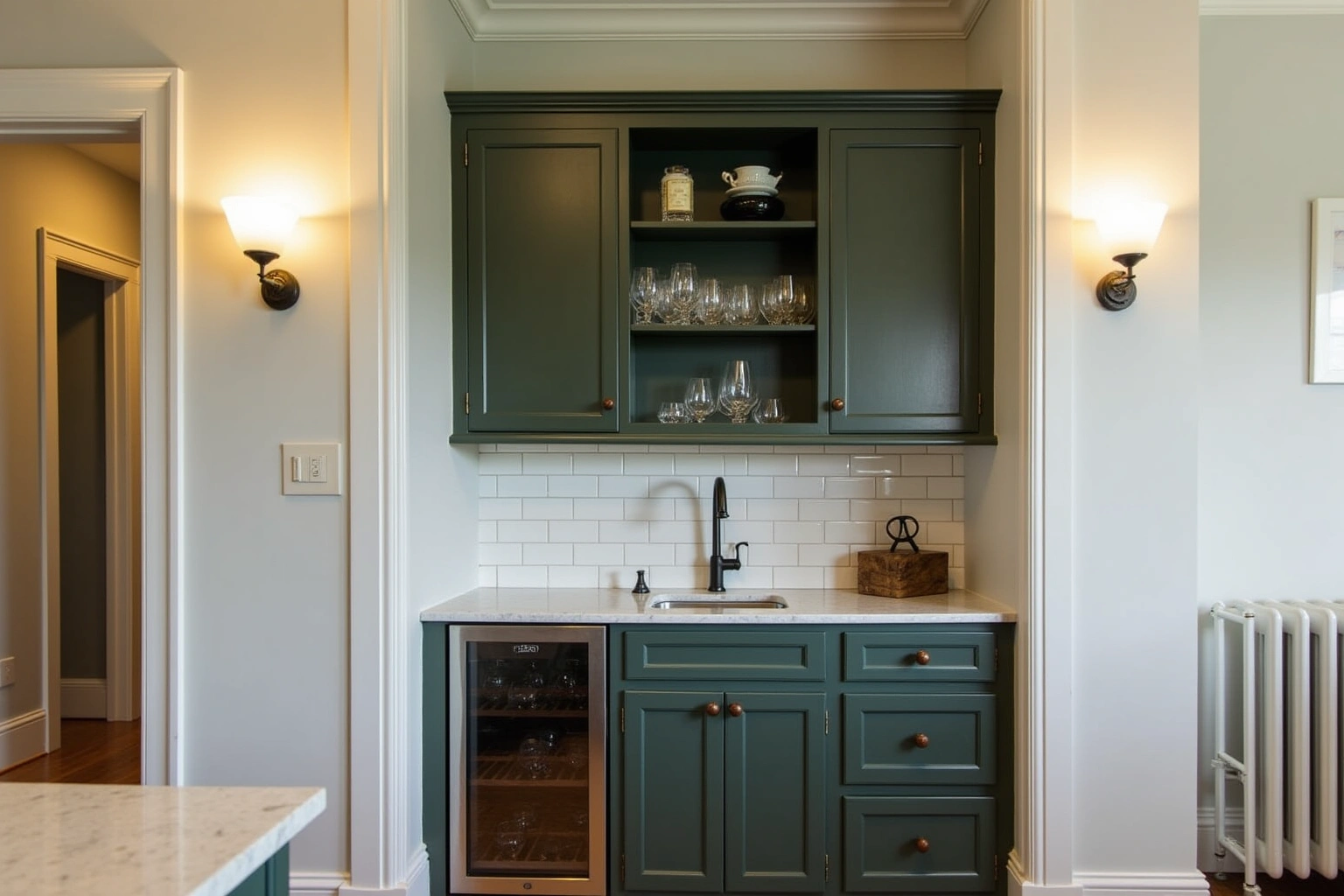 Dark green butler's pantry cabinets with open glassware shelves, a beverage fridge, a small sink and two wall sconces.