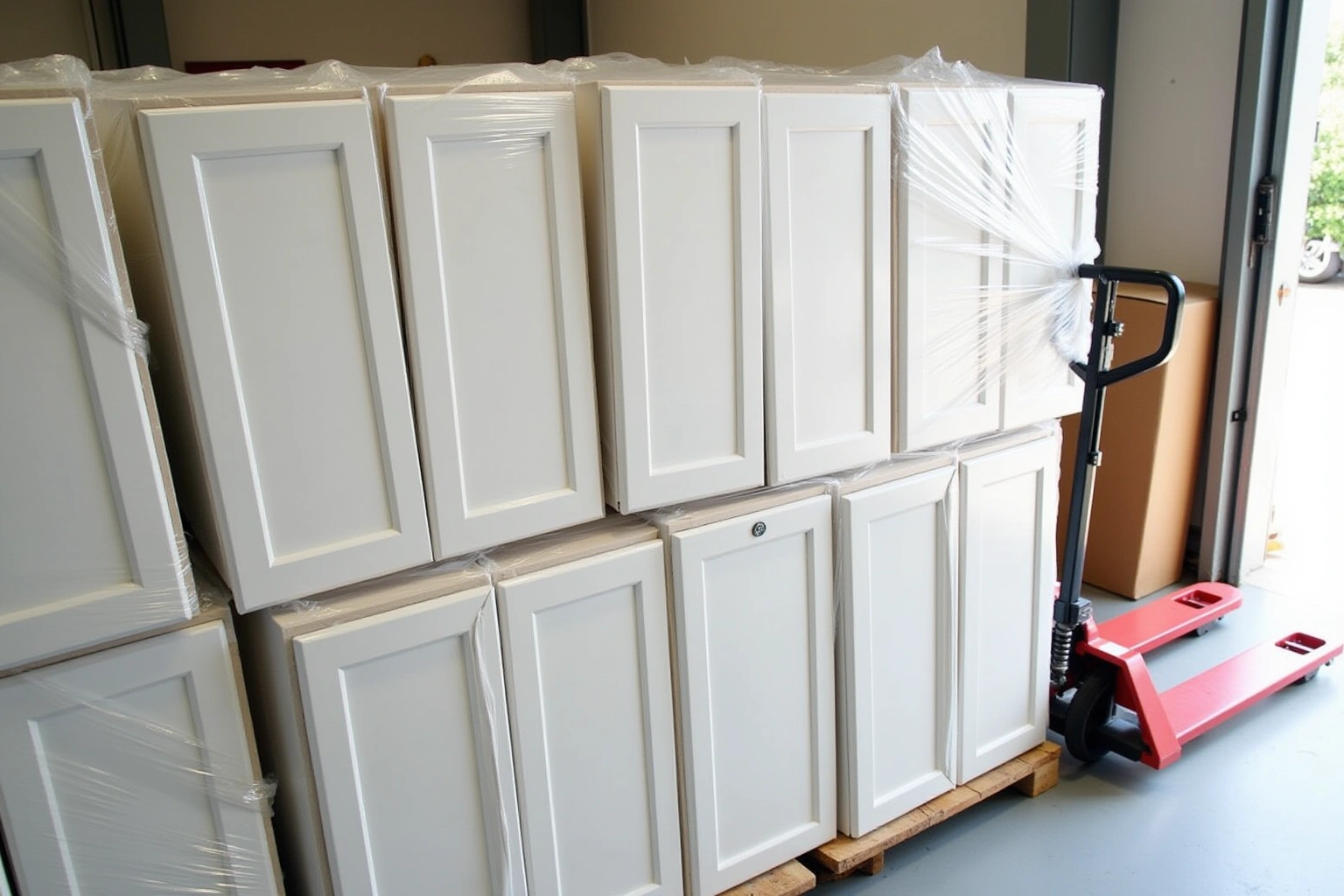 White raised-panel cabinet doors and drawer fronts stretch-wrapped on a pallet beside a red pallet jack at a loading bay.